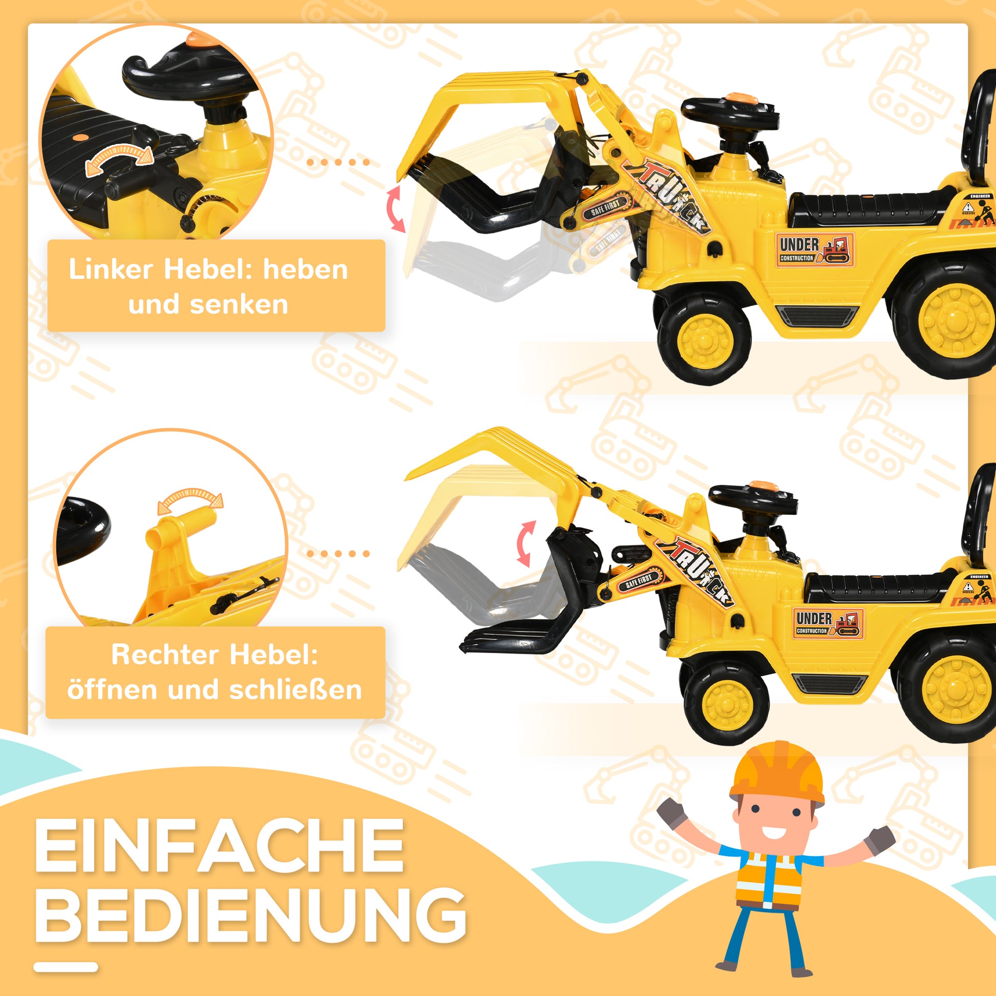 Sit-On Digger with Rotatable Adjustable Shovel, Horn Kids Can Sit On with Storage Space under Seat Ride-On Toy Digger up to 30 kg, Sand Digger for Kids 2-4 Years Yellow
