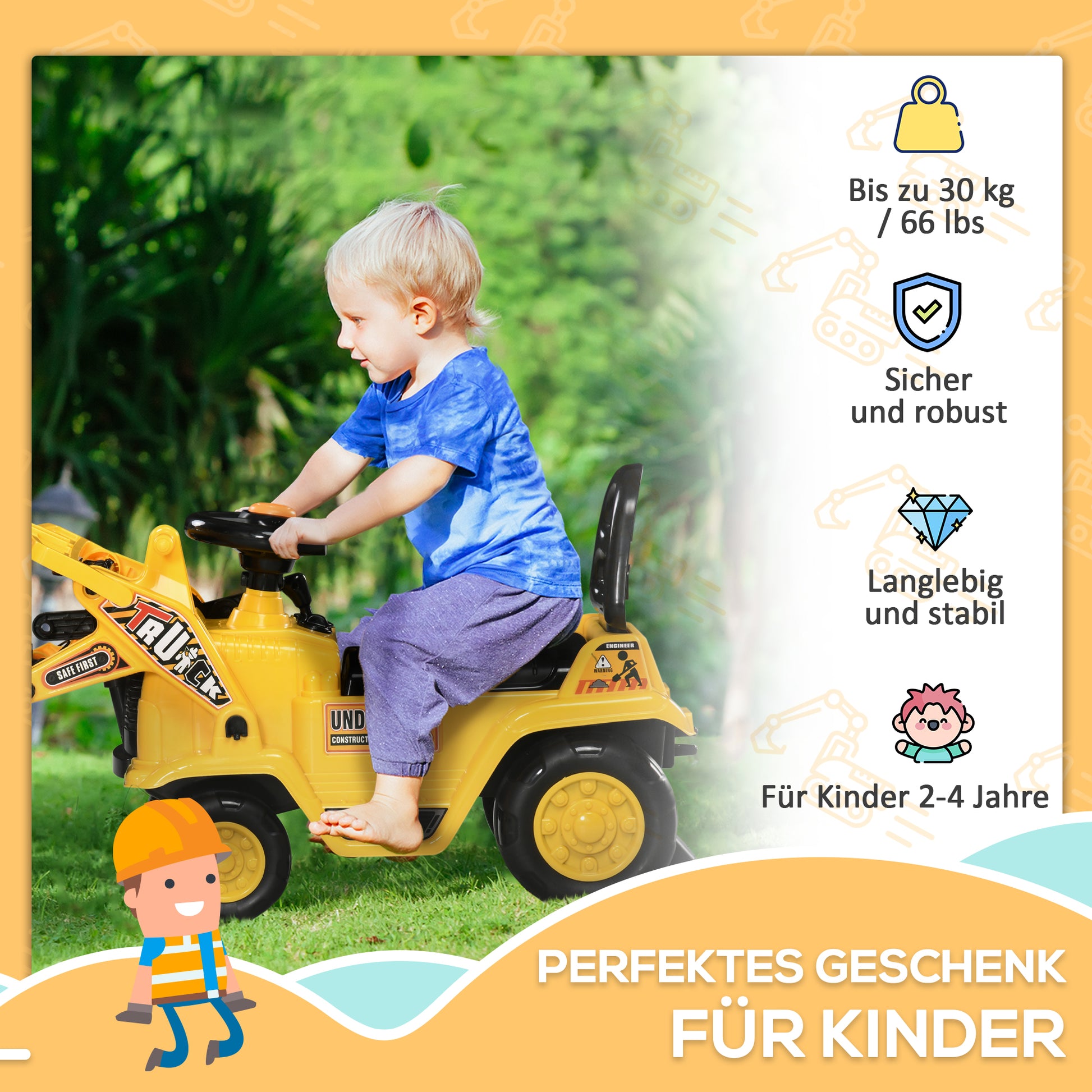 Sit-On Digger with Rotatable Adjustable Shovel, Horn Kids Can Sit On with Storage Space under Seat Ride-On Toy Digger up to 30 kg, Sand Digger for Kids 2-4 Years Yellow