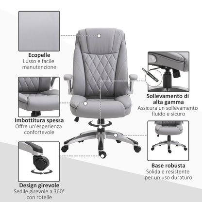 Ergonomic Office Chair with Padding, Adjustable Height, and 5 Swivel Wheels, in PU Leather and Foam, 70x71x113-121 cm, Gray