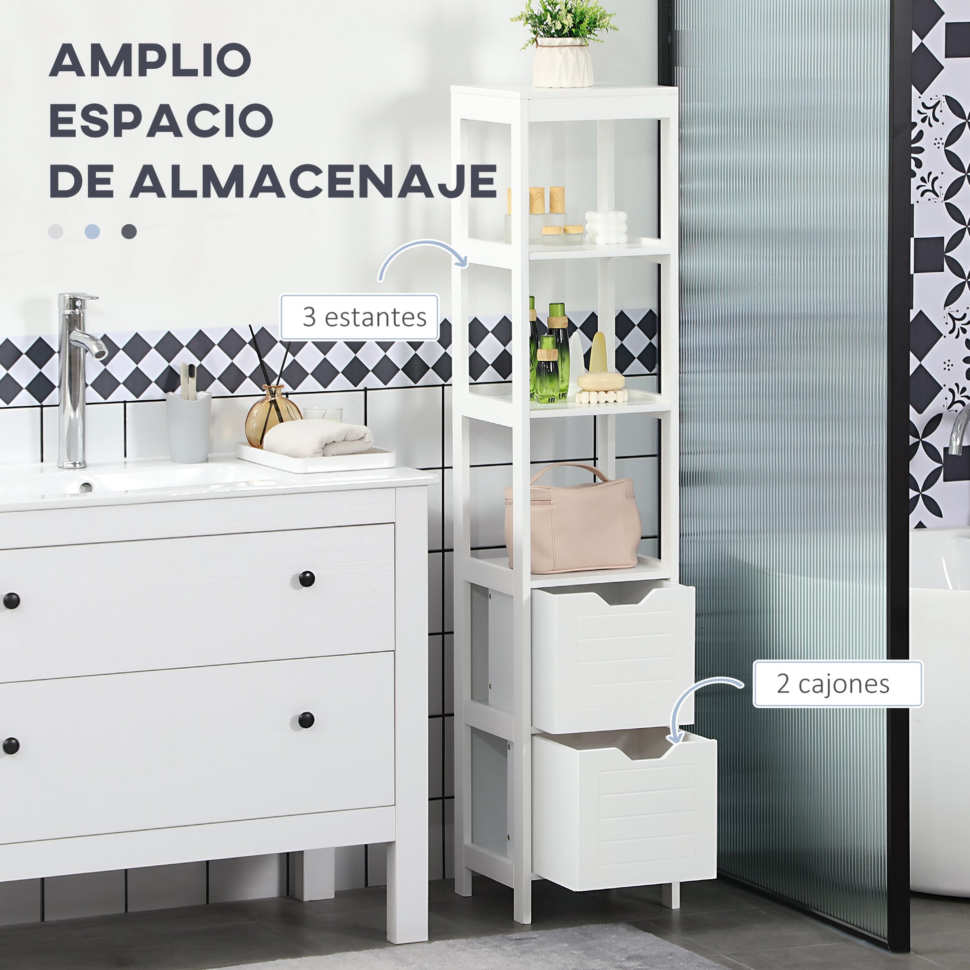 Tall Multipurpose Bathroom Cabinet Column Furniture with 3 Open Shelves and 2 Storage Drawers Anti-tilt Design 30x30x144 cm White