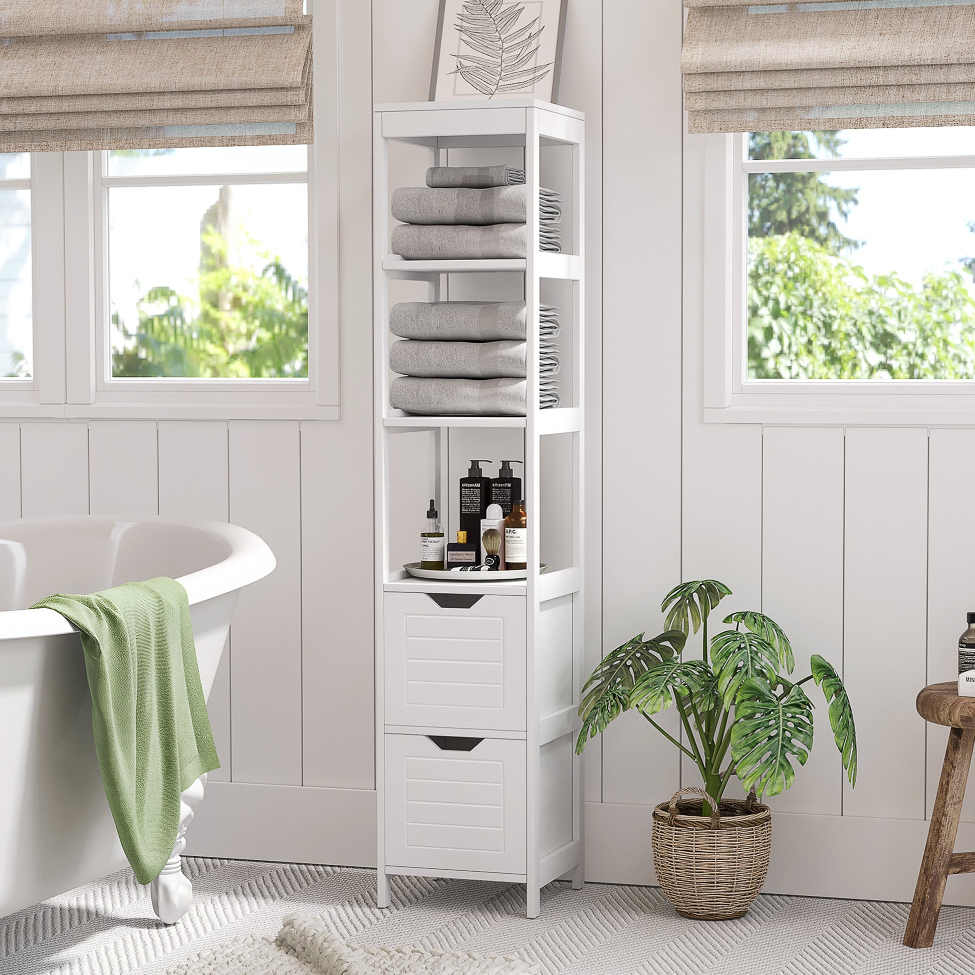 Tall Multipurpose Bathroom Cabinet Column Furniture with 3 Open Shelves and 2 Storage Drawers Anti-tilt Design 30x30x144 cm White