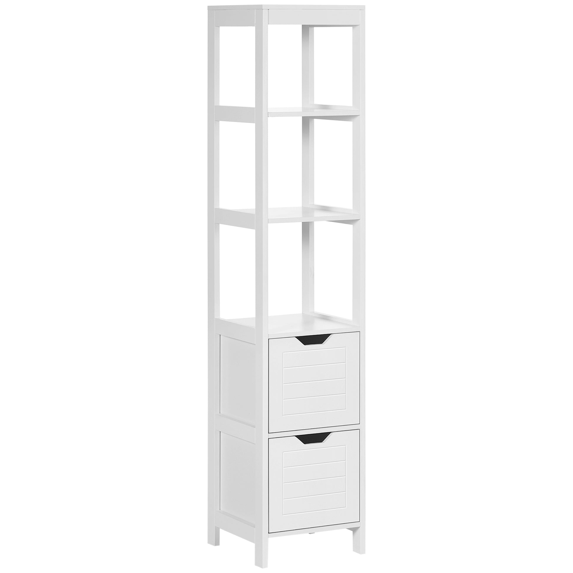 Tall Multipurpose Bathroom Cabinet Column Furniture with 3 Open Shelves and 2 Storage Drawers Anti-tilt Design 30x30x144 cm White