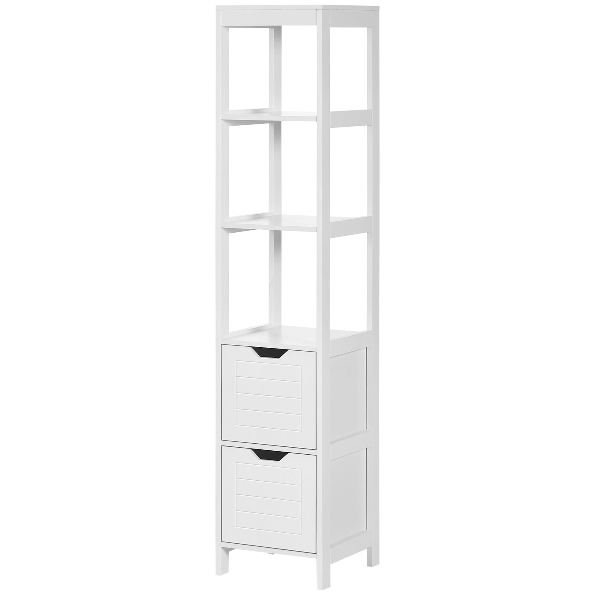 Tall Multipurpose Bathroom Cabinet Column Furniture with 3 Open Shelves and 2 Storage Drawers Anti-tilt Design 30x30x144 cm White