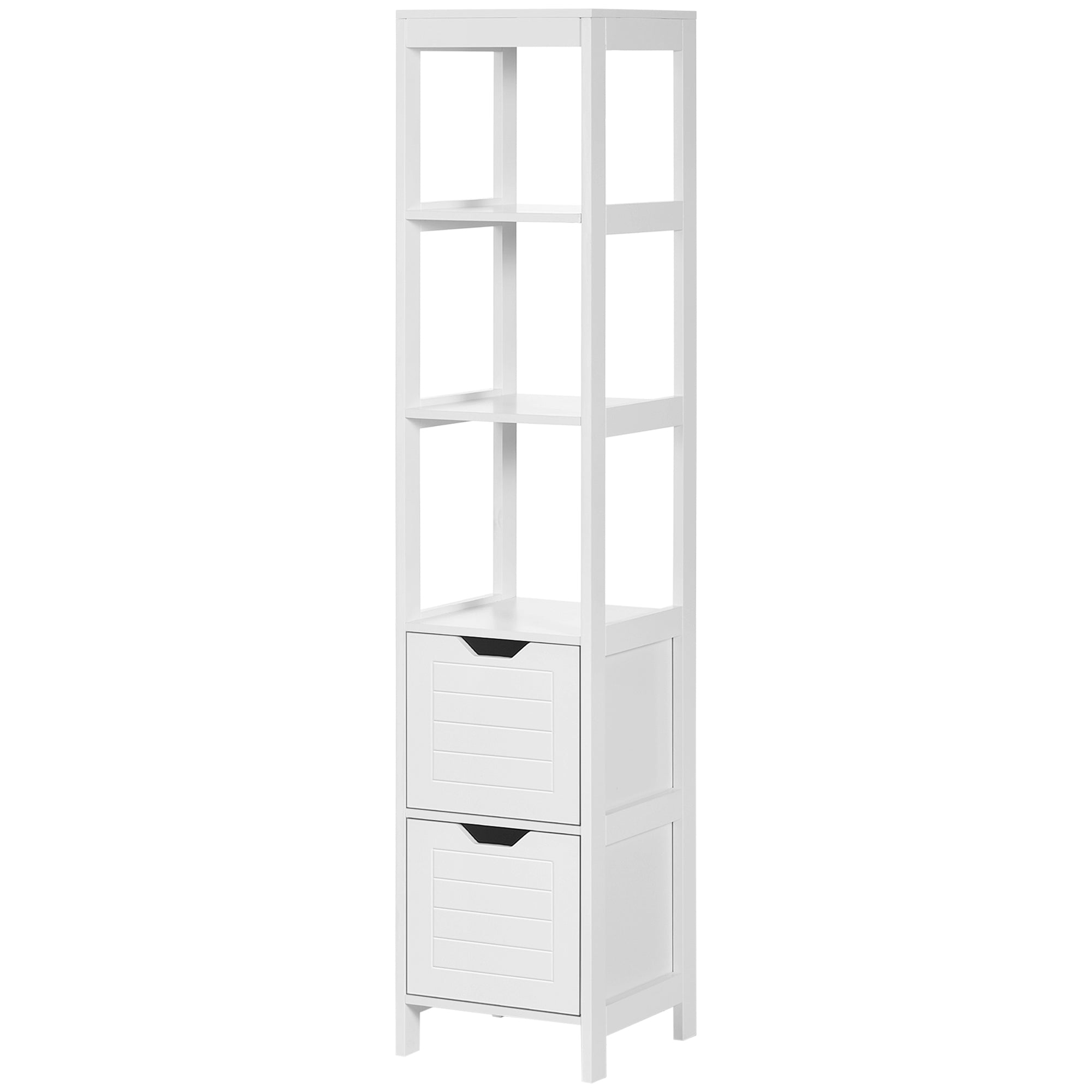 Tall Multipurpose Bathroom Cabinet Column Furniture with 3 Open Shelves and 2 Storage Drawers Anti-tilt Design 30x30x144 cm White