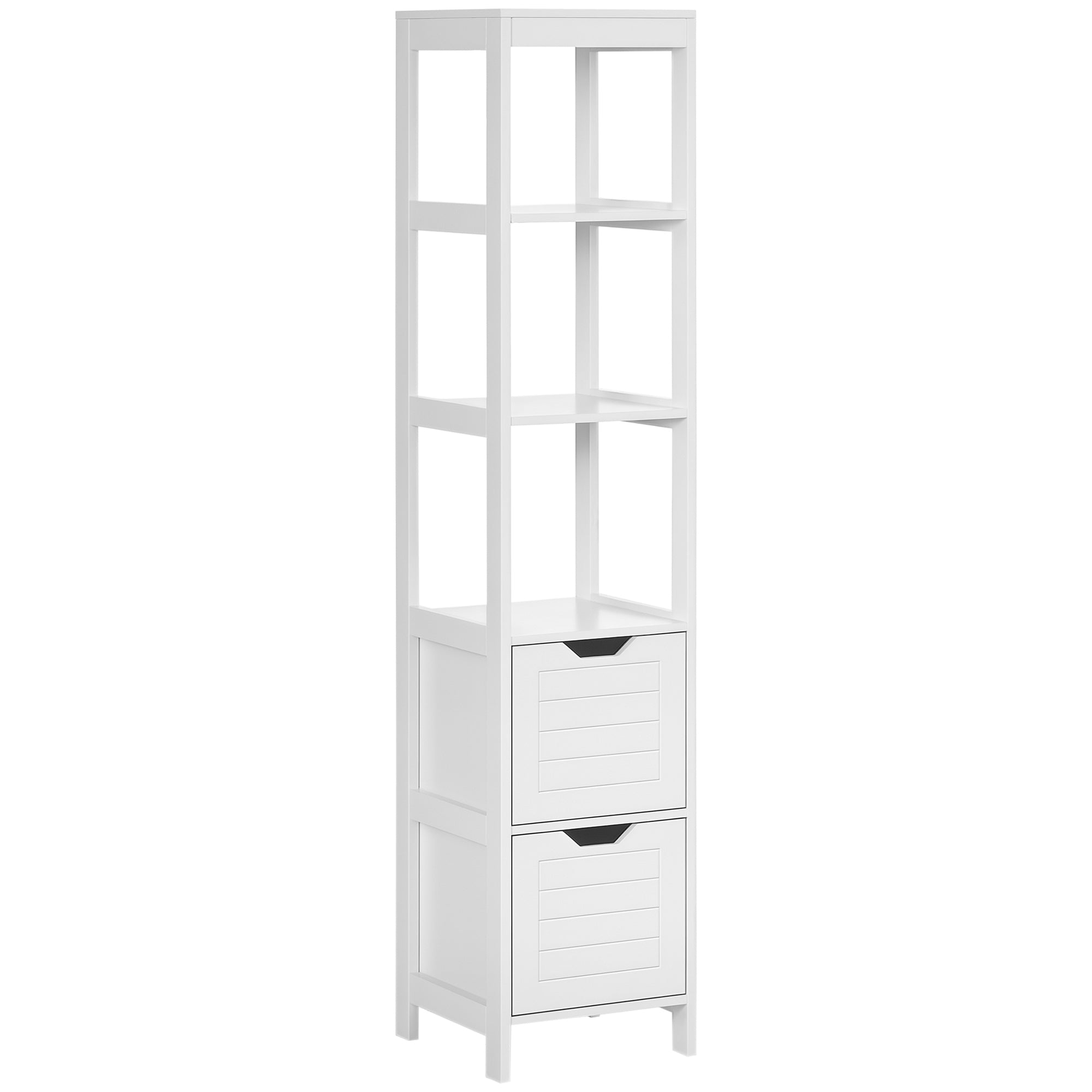 Tall Multipurpose Bathroom Cabinet Column Furniture with 3 Open Shelves and 2 Storage Drawers Anti-tilt Design 30x30x144 cm White
