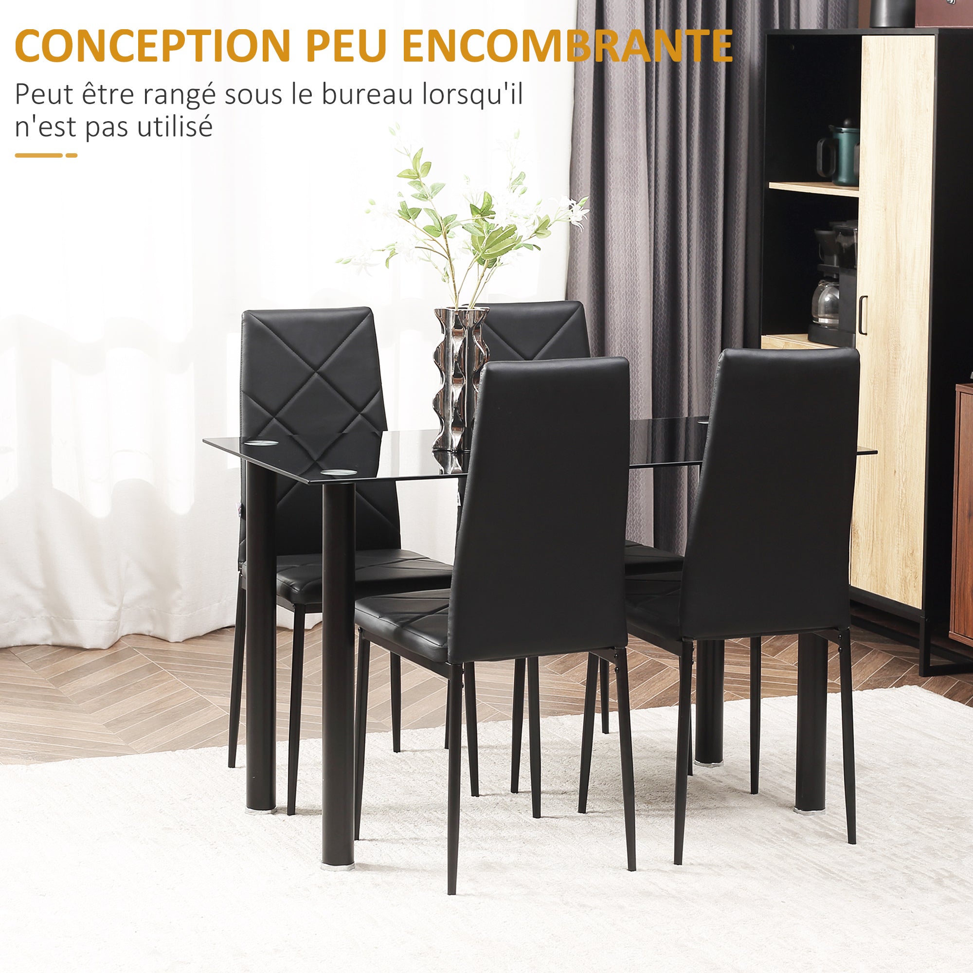 Dining Table Set with 4 Chairs, 5-Piece Kitchen Furniture Set, Tempered Glass Top, Steel Legs, Black