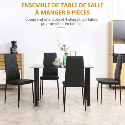Dining Table Set with 4 Chairs, 5-Piece Kitchen Furniture Set, Tempered Glass Top, Steel Legs, Black