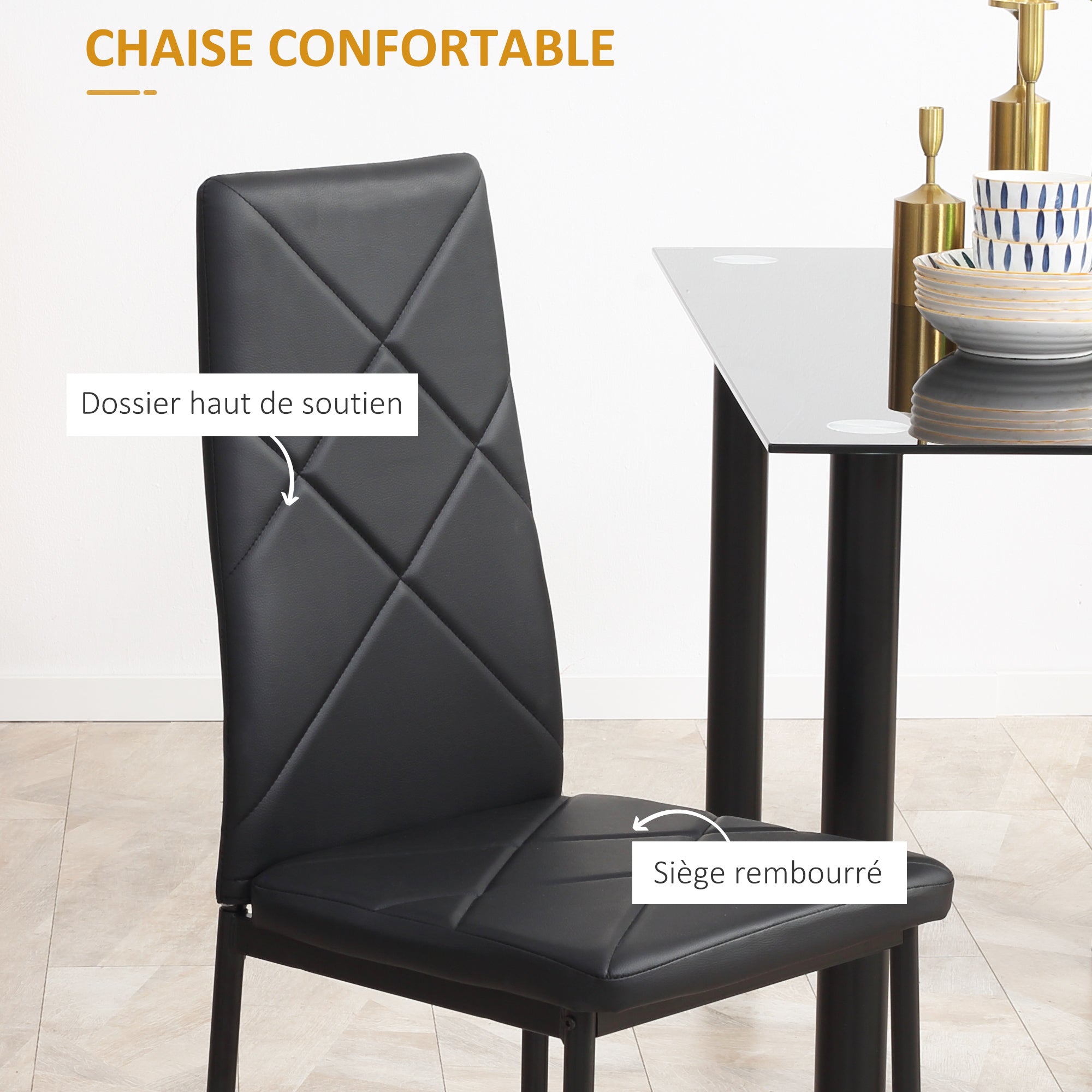 Dining Table Set with 4 Chairs, 5-Piece Kitchen Furniture Set, Tempered Glass Top, Steel Legs, Black
