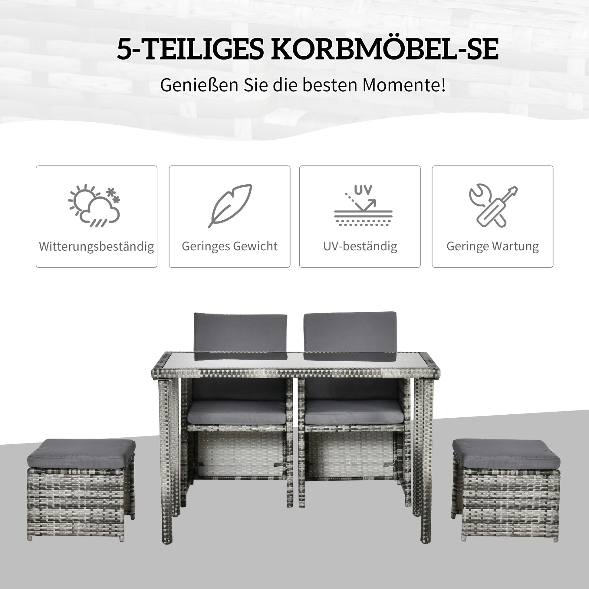 Poly Rattan Seating Group Dining Set Garden Set Set 5 pcs. with Cushions, Grey