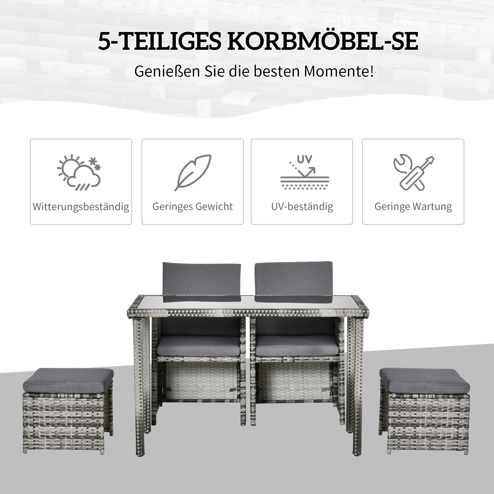 Poly Rattan Seating Group Dining Set Garden Set Set 5 pcs. with Cushions, Grey