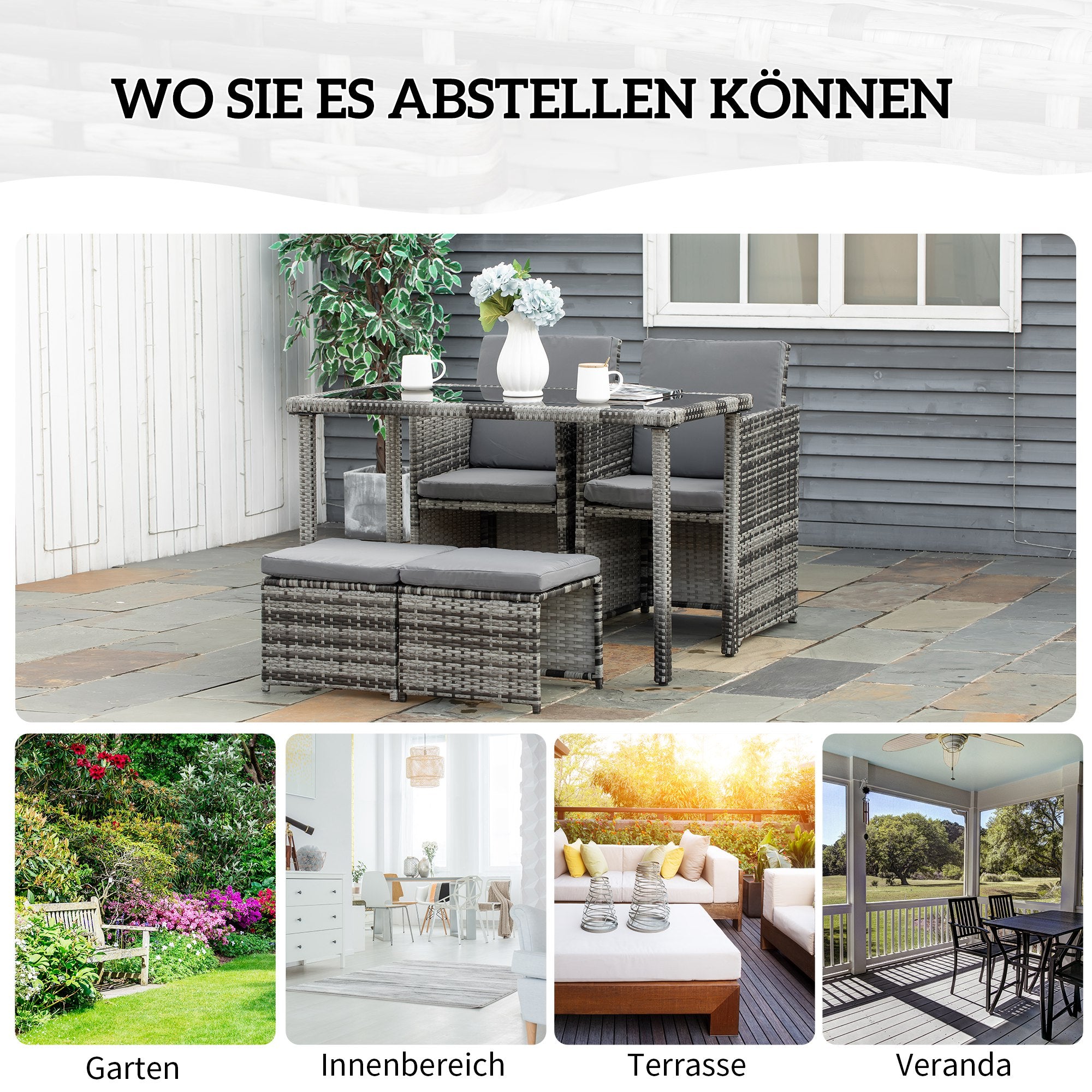 Poly Rattan Seating Group Dining Set Garden Set Set 5 pcs. with Cushions, Grey