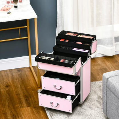 Professional Makeup Case Cosmetic Trolley with Wheels Makeup Case with 6 Extendable Drawers Lock 2 Keys and Retractable Handle 36x23x58 cm Pink