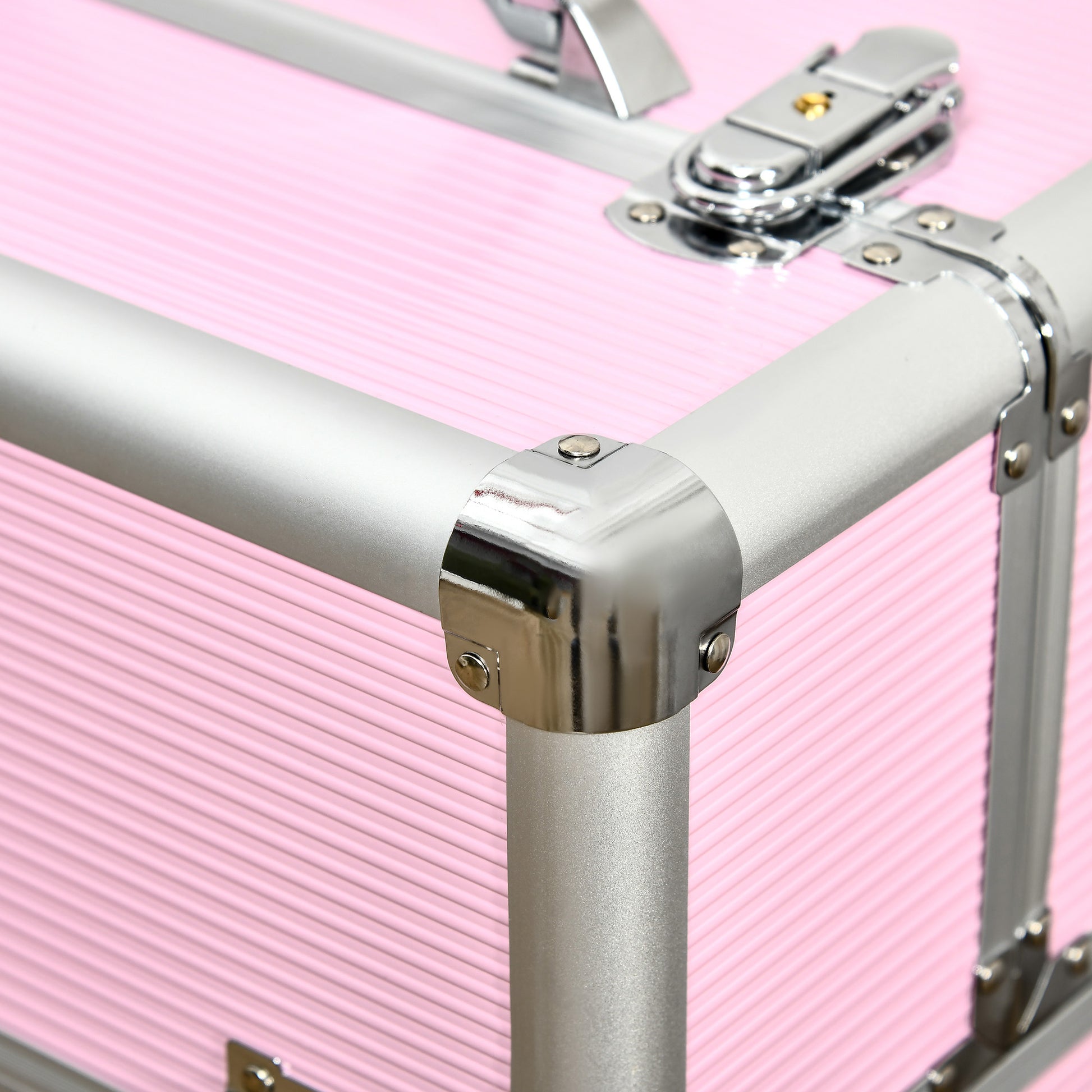 Professional Makeup Case Cosmetic Trolley with Wheels Makeup Case with 6 Extendable Drawers Lock 2 Keys and Retractable Handle 36x23x58 cm Pink