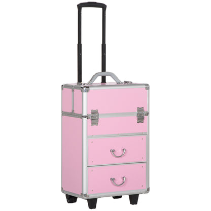 Professional Makeup Case Cosmetic Trolley with Wheels Makeup Case with 6 Extendable Drawers Lock 2 Keys and Retractable Handle 36x23x58 cm Pink