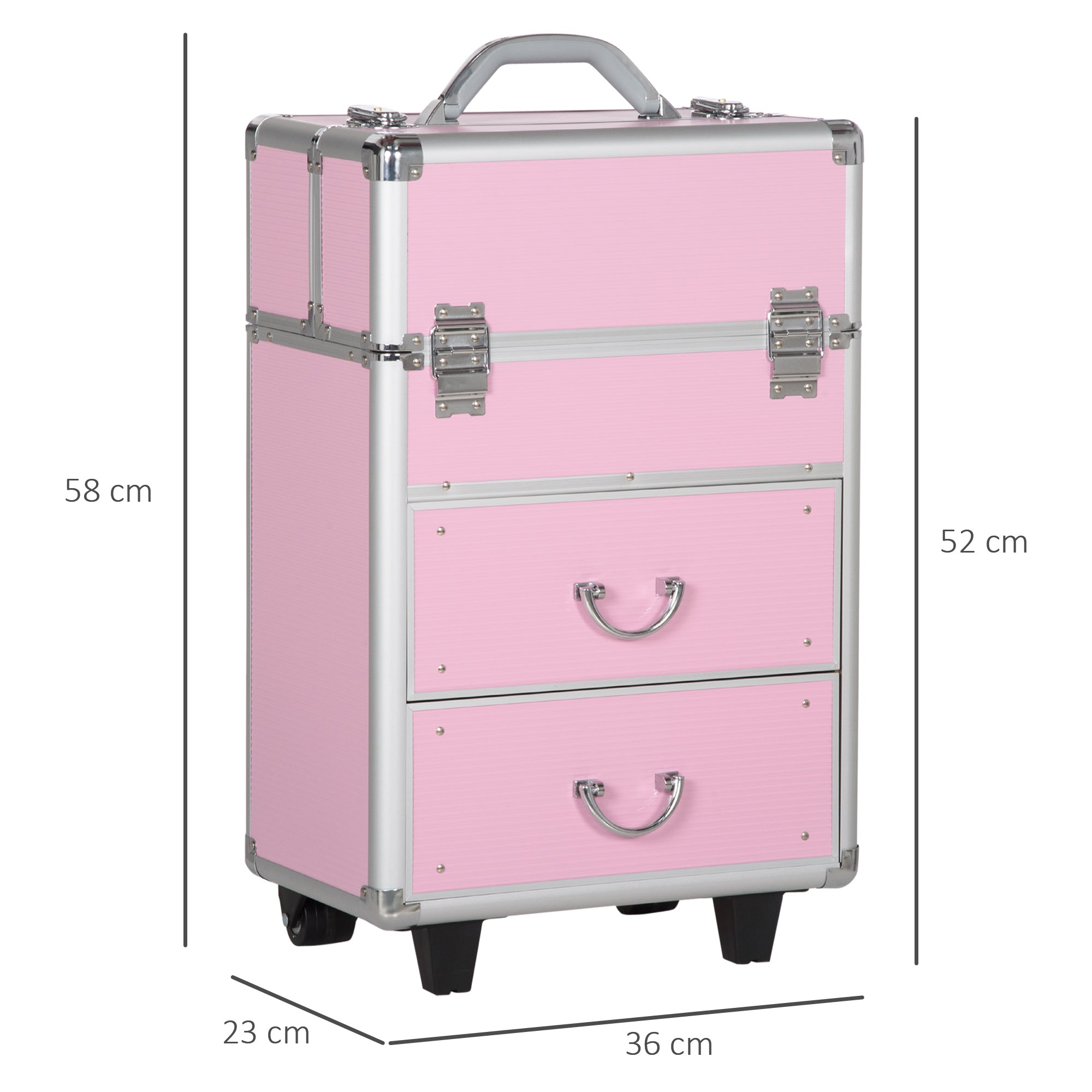 Professional Makeup Case Cosmetic Trolley with Wheels Makeup Case with 6 Extendable Drawers Lock 2 Keys and Retractable Handle 36x23x58 cm Pink