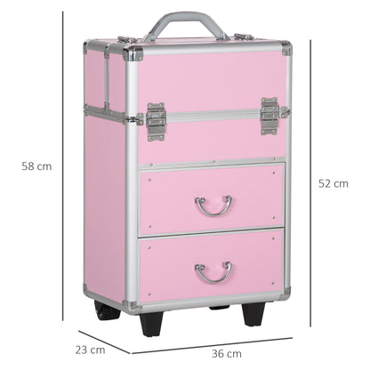Professional Makeup Case Cosmetic Trolley with Wheels Makeup Case with 6 Extendable Drawers Lock 2 Keys and Retractable Handle 36x23x58 cm Pink