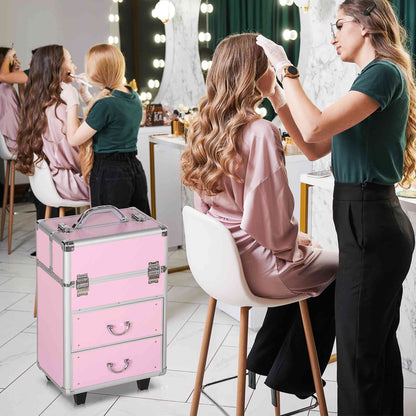 Professional Makeup Case Cosmetic Trolley with Wheels Makeup Case with 6 Extendable Drawers Lock 2 Keys and Retractable Handle 36x23x58 cm Pink