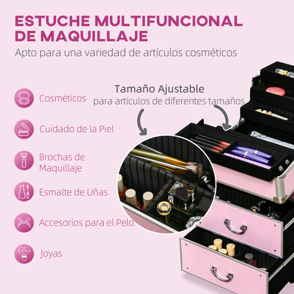 Professional Makeup Case Cosmetic Trolley with Wheels Makeup Case with 6 Extendable Drawers Lock 2 Keys and Retractable Handle 36x23x58 cm Pink
