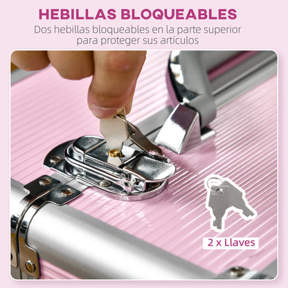 Professional Makeup Case Cosmetic Trolley with Wheels Makeup Case with 6 Extendable Drawers Lock 2 Keys and Retractable Handle 36x23x58 cm Pink