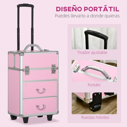 Professional Makeup Case Cosmetic Trolley with Wheels Makeup Case with 6 Extendable Drawers Lock 2 Keys and Retractable Handle 36x23x58 cm Pink