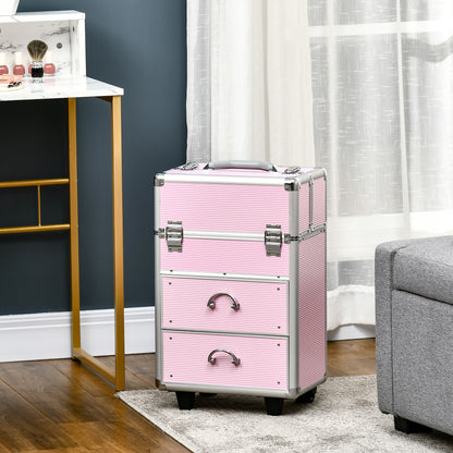 Professional Makeup Case Cosmetic Trolley with Wheels Makeup Case with 6 Extendable Drawers Lock 2 Keys and Retractable Handle 36x23x58 cm Pink