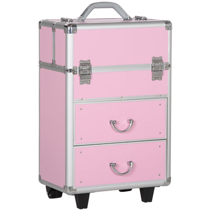 Professional Makeup Case Cosmetic Trolley with Wheels Makeup Case with 6 Extendable Drawers Lock 2 Keys and Retractable Handle 36x23x58 cm Pink