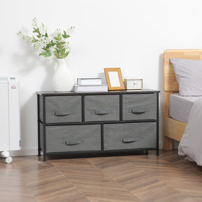 Chest of Drawers Storage Unit 100 x 30 x 54 cm 5 Non-Woven Drawers Dark Gray Steel Structure Black Wood Grain Appearance