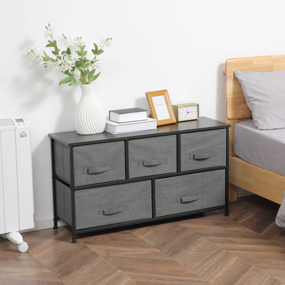 Chest of Drawers Storage Unit 100 x 30 x 54 cm 5 Non-Woven Drawers Dark Gray Steel Structure Black Wood Grain Appearance