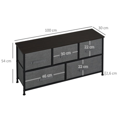 Chest of Drawers Storage Unit 100 x 30 x 54 cm 5 Non-Woven Drawers Dark Gray Steel Structure Black Wood Grain Appearance