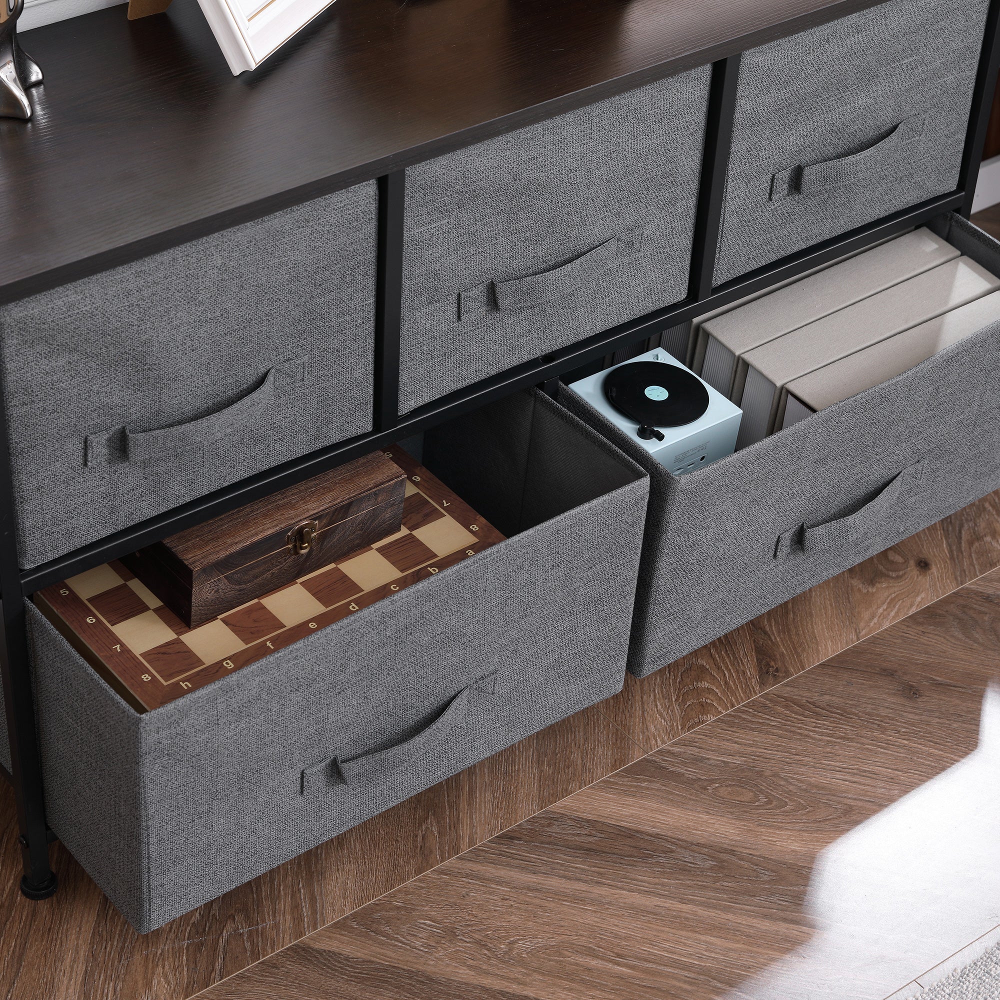 Chest of Drawers Storage Unit 100 x 30 x 54 cm 5 Non-Woven Drawers Dark Gray Steel Structure Black Wood Grain Appearance