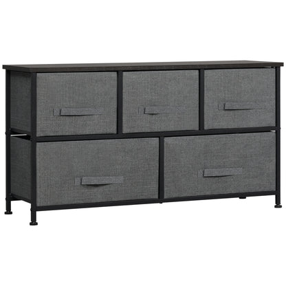 Chest of Drawers Storage Unit 100 x 30 x 54 cm 5 Non-Woven Drawers Dark Gray Steel Structure Black Wood Grain Appearance