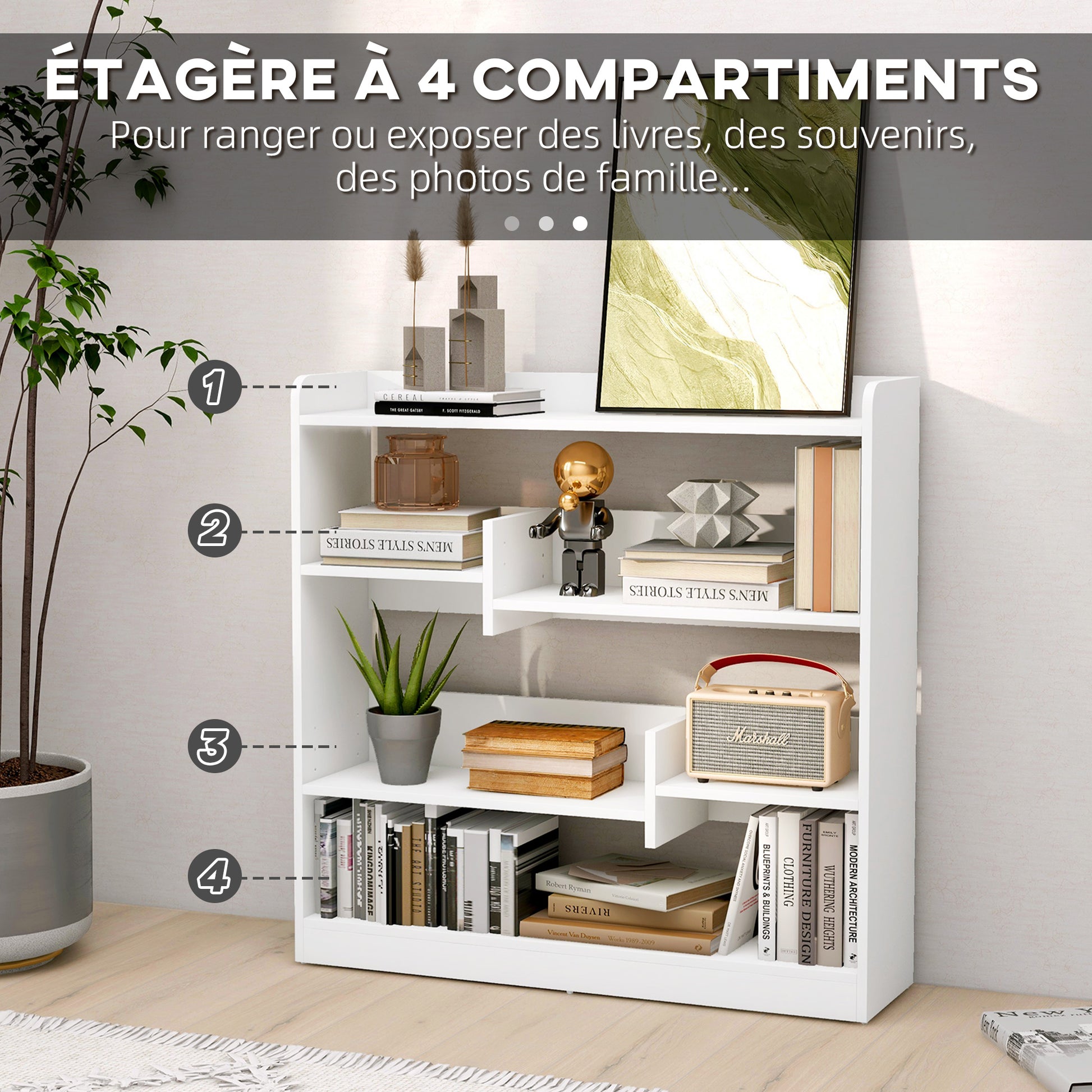 Bookshelf Storage Furniture dim. 90L x 24W x 91H cm 4 Levels 3 Back Panels Particle Boards White