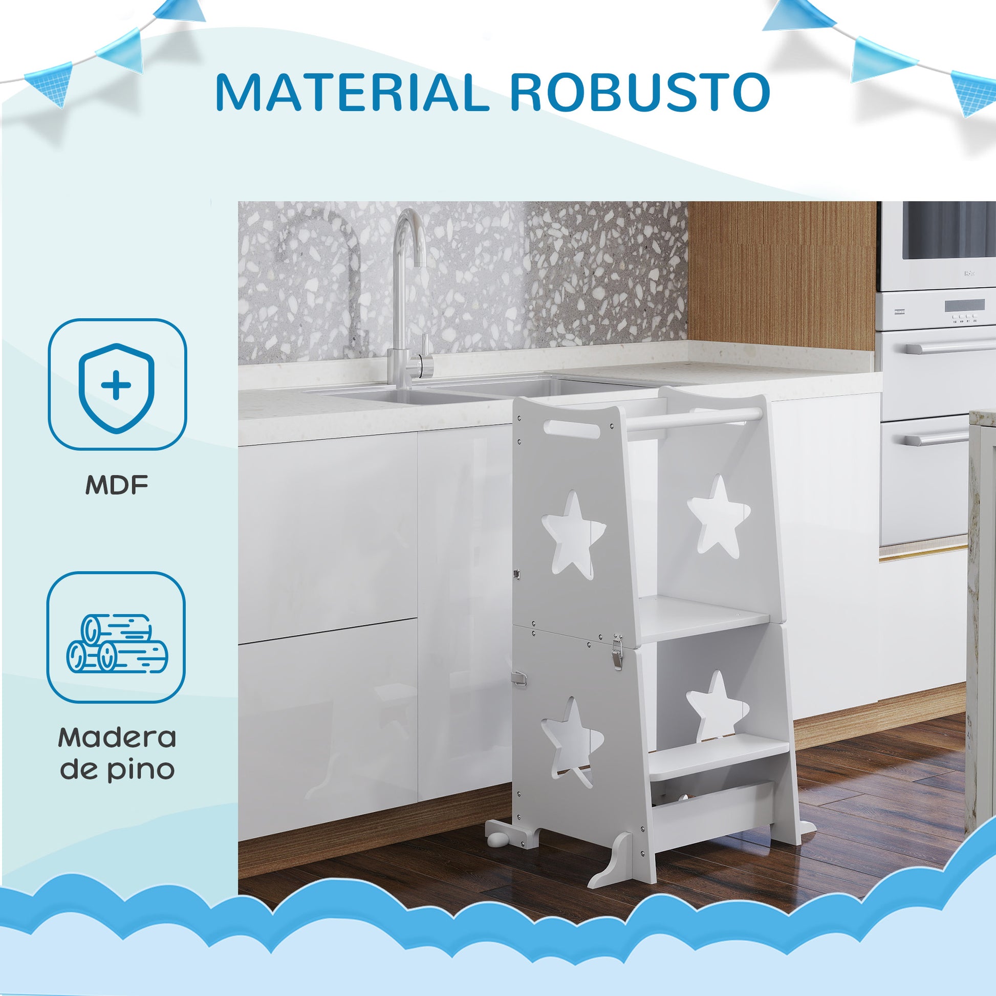 2-in-1 Children's Learning Tower Stool for +3 Years Kids Convertible into Table and Chair with Safety Bar 60x44.5x86 cm White