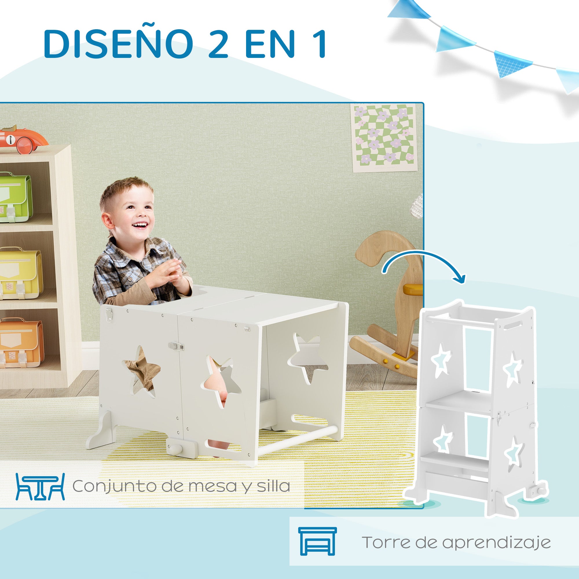 2-in-1 Children's Learning Tower Stool for +3 Years Kids Convertible into Table and Chair with Safety Bar 60x44.5x86 cm White