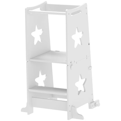 2-in-1 Children's Learning Tower Stool for +3 Years Kids Convertible into Table and Chair with Safety Bar 60x44.5x86 cm White