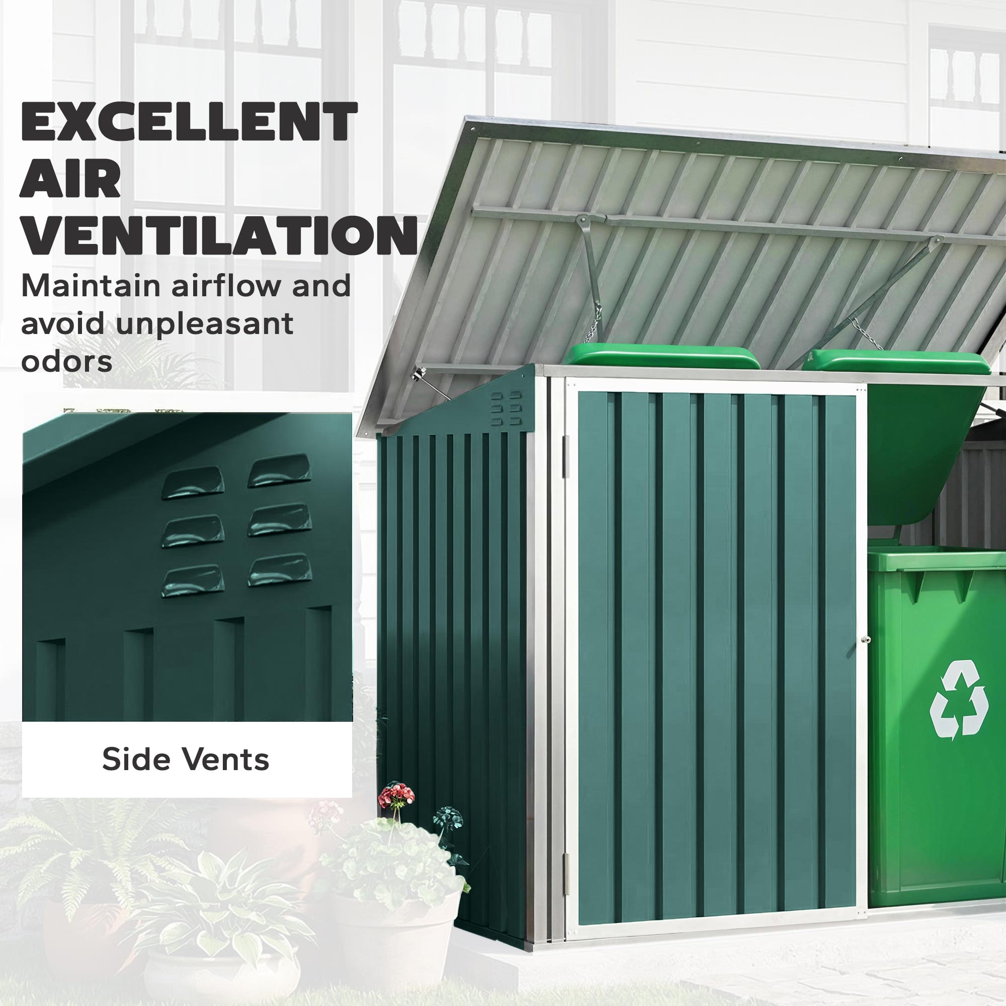 Lockable Steel Bin Storage Box for 2 Bins – Double Doors & Gas-Lift Lid, Ventilated, Green (179.5 x 108 x 129.5/113 cm)