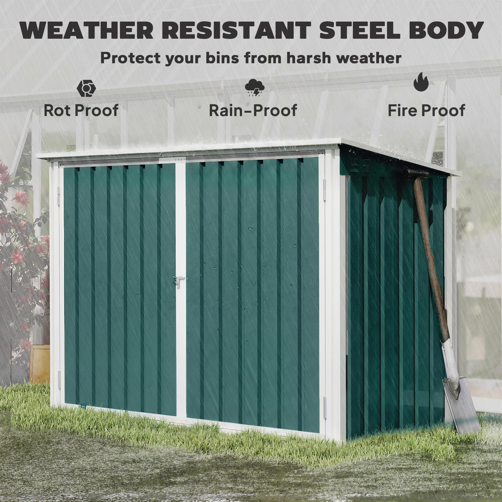 Lockable Steel Bin Storage Box for 2 Bins – Double Doors & Gas-Lift Lid, Ventilated, Green (179.5 x 108 x 129.5/113 cm)
