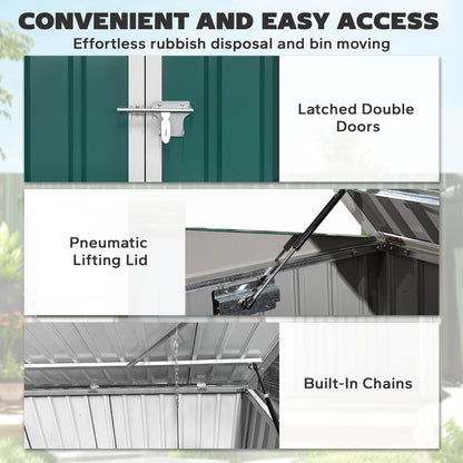 Lockable Steel Bin Storage Box for 2 Bins – Double Doors & Gas-Lift Lid, Ventilated, Green (179.5 x 108 x 129.5/113 cm)