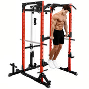 SPORTNOW Power Tower, Fitness Station with Cable Station, Barbell Support, Weights, and Pull-Up and Dip Bar, Multifunctional Gym in Steel, for Home Gym, 191x153x205 cm, Red and Black
