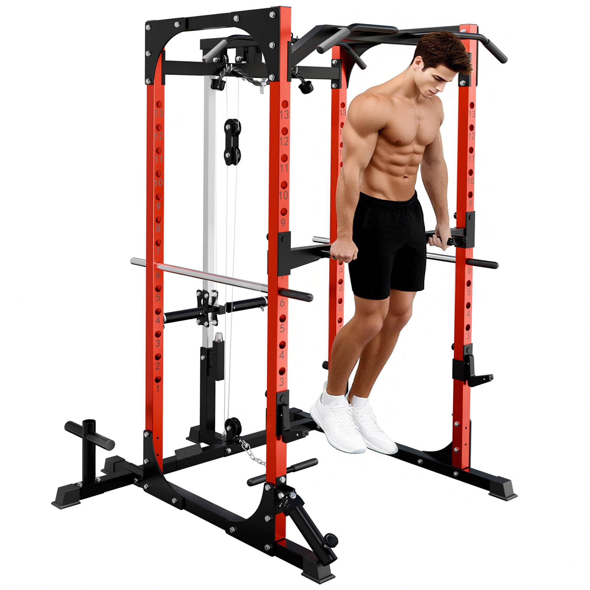 SPORTNOW Power Tower, Fitness Station with Cable Station, Barbell Support, Weights, and Pull-Up and Dip Bar, Multifunctional Gym in Steel, for Home Gym, 191x153x205 cm, Red and Black