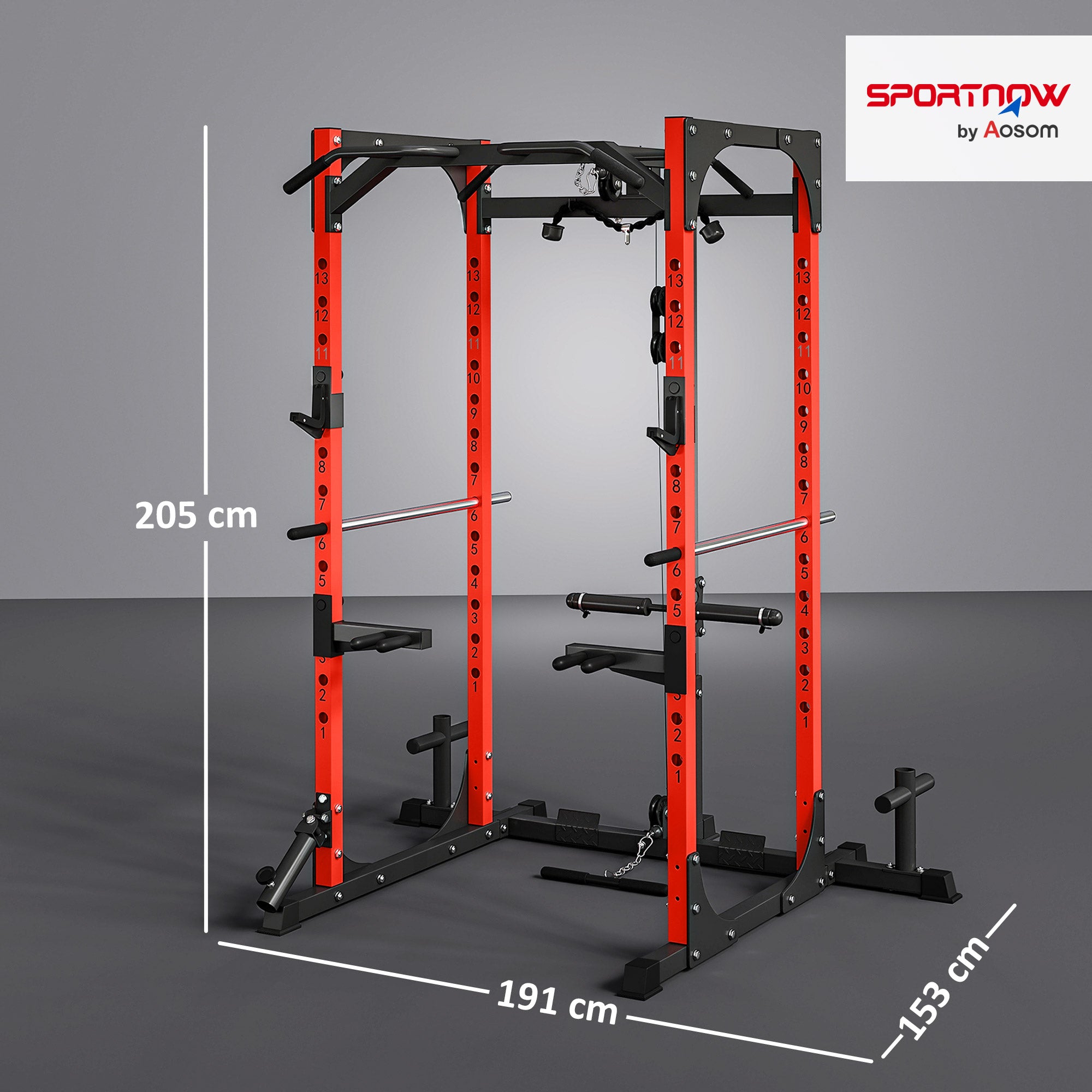 SPORTNOW Power Tower, Fitness Station with Cable Station, Barbell Support, Weights, and Pull-Up and Dip Bar, Multifunctional Gym in Steel, for Home Gym, 191x153x205 cm, Red and Black