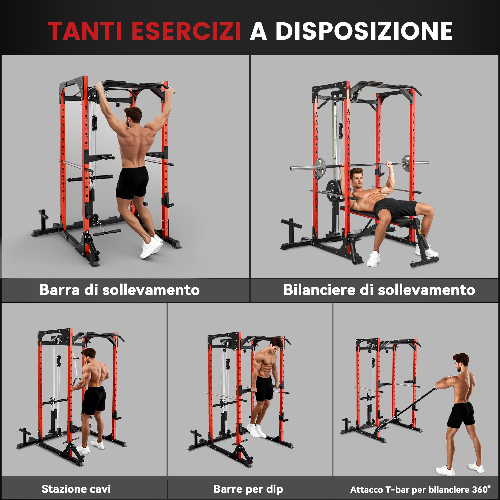 SPORTNOW Power Tower, Fitness Station with Cable Station, Barbell Support, Weights, and Pull-Up and Dip Bar, Multifunctional Gym in Steel, for Home Gym, 191x153x205 cm, Red and Black