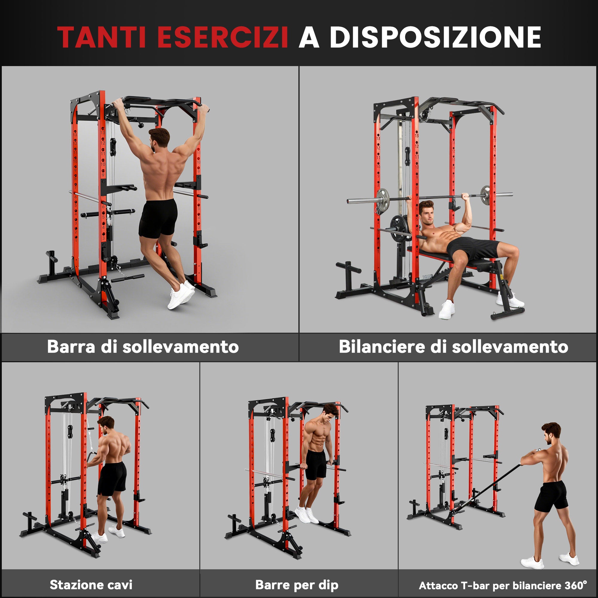 SPORTNOW Power Tower, Fitness Station with Cable Station, Barbell Support, Weights, and Pull-Up and Dip Bar, Multifunctional Gym in Steel, for Home Gym, 191x153x205 cm, Red and Black
