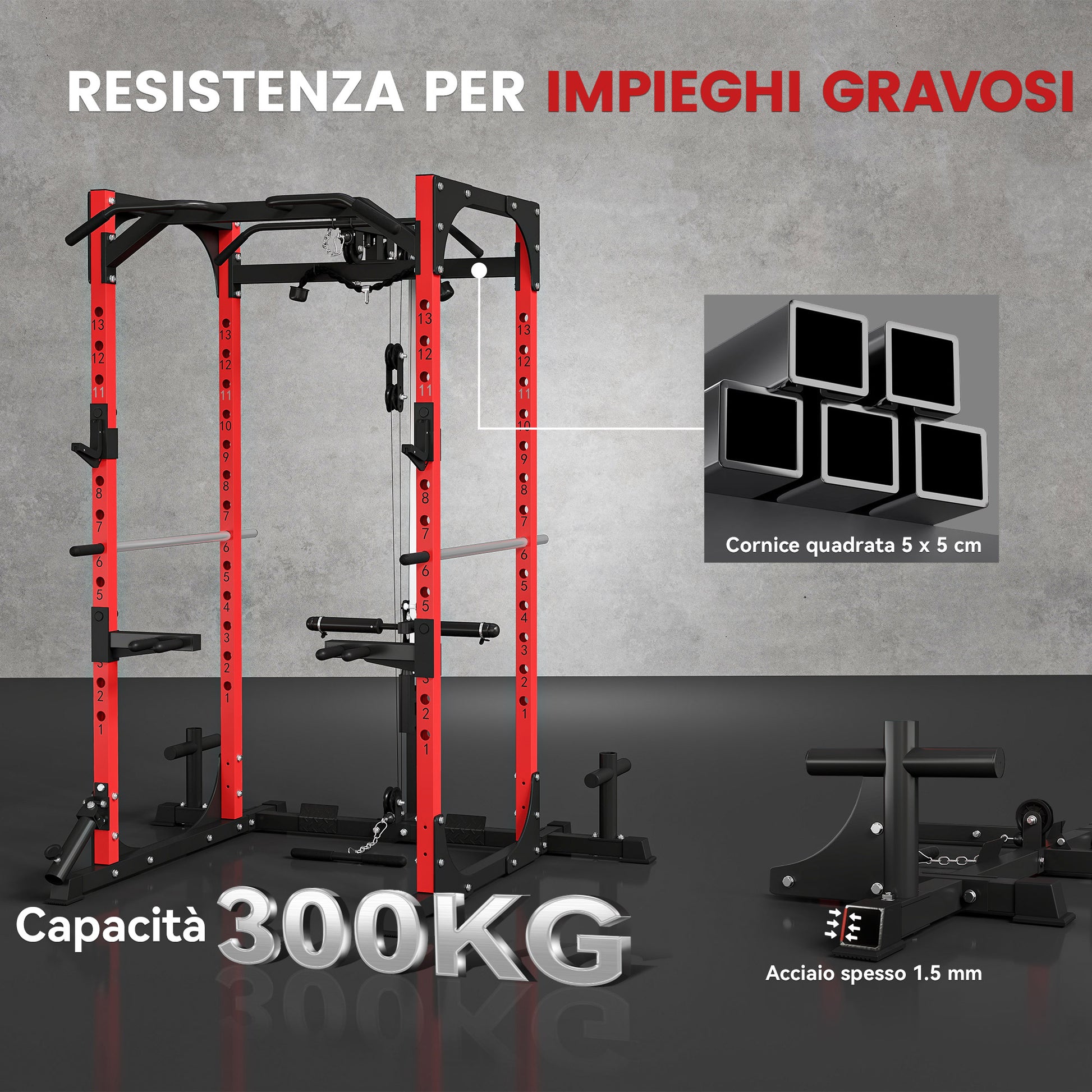 SPORTNOW Power Tower, Fitness Station with Cable Station, Barbell Support, Weights, and Pull-Up and Dip Bar, Multifunctional Gym in Steel, for Home Gym, 191x153x205 cm, Red and Black