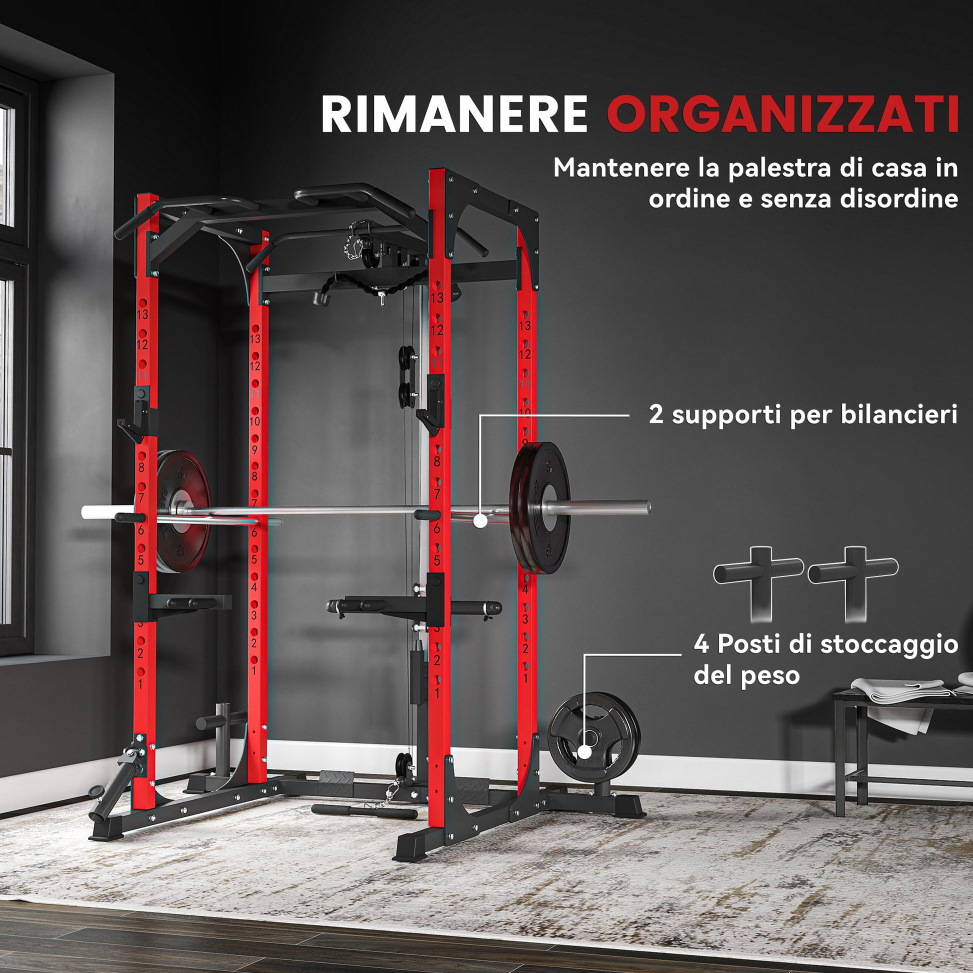 SPORTNOW Power Tower, Fitness Station with Cable Station, Barbell Support, Weights, and Pull-Up and Dip Bar, Multifunctional Gym in Steel, for Home Gym, 191x153x205 cm, Red and Black
