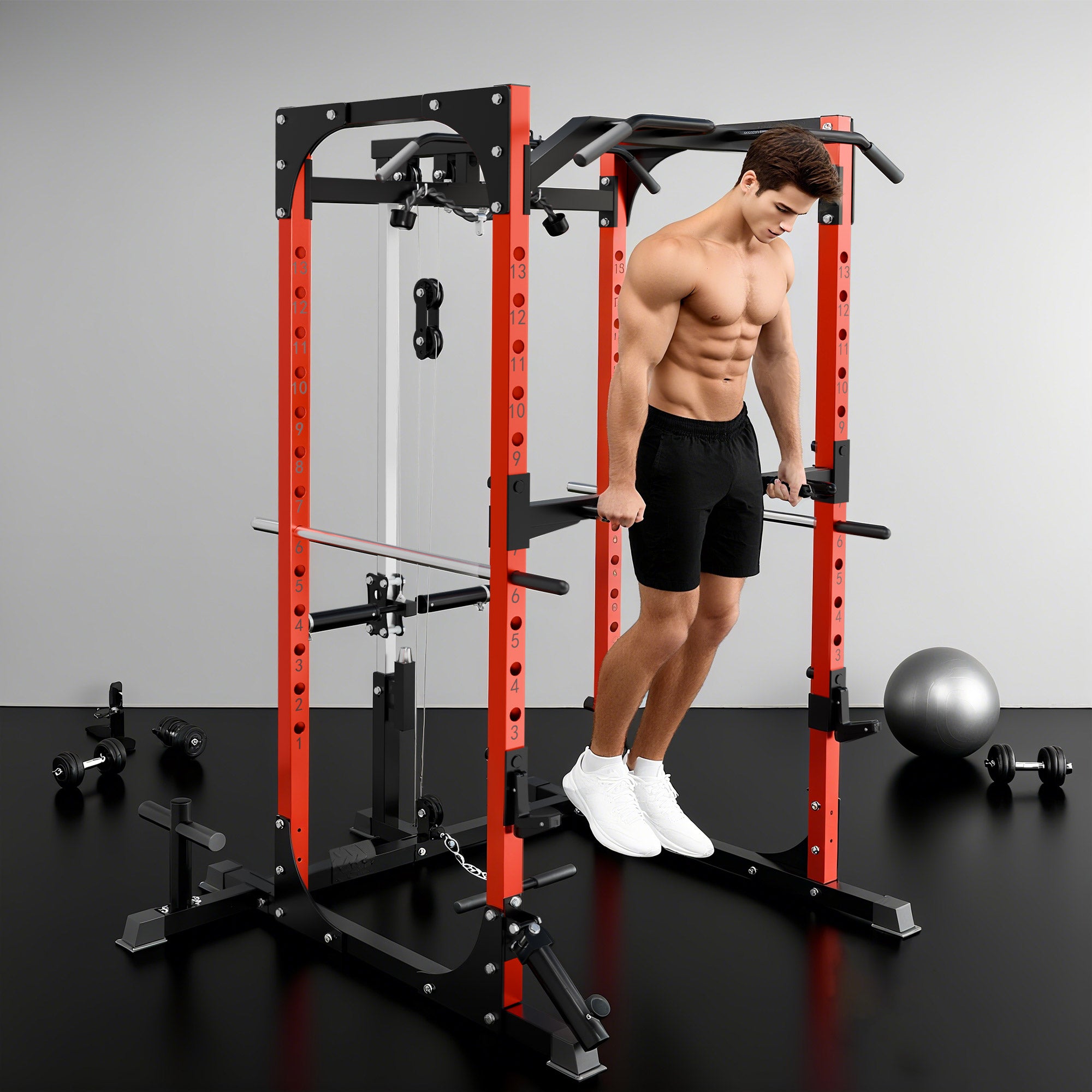 SPORTNOW Power Tower, Fitness Station with Cable Station, Barbell Support, Weights, and Pull-Up and Dip Bar, Multifunctional Gym in Steel, for Home Gym, 191x153x205 cm, Red and Black