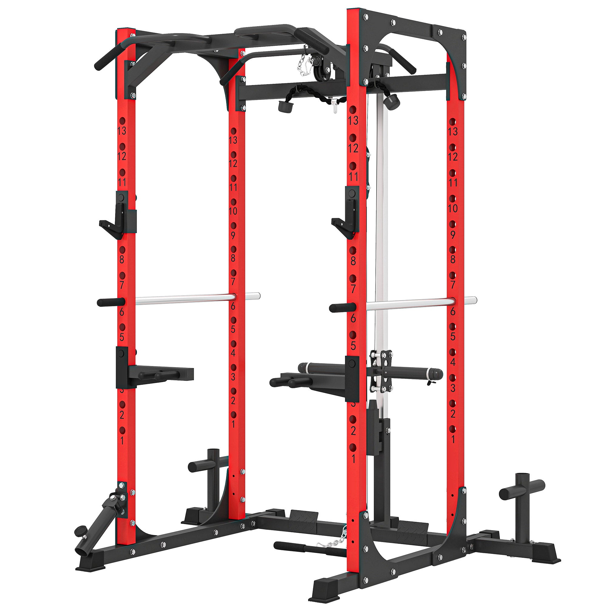 SPORTNOW Power Tower, Fitness Station with Cable Station, Barbell Support, Weights, and Pull-Up and Dip Bar, Multifunctional Gym in Steel, for Home Gym, 191x153x205 cm, Red and Black