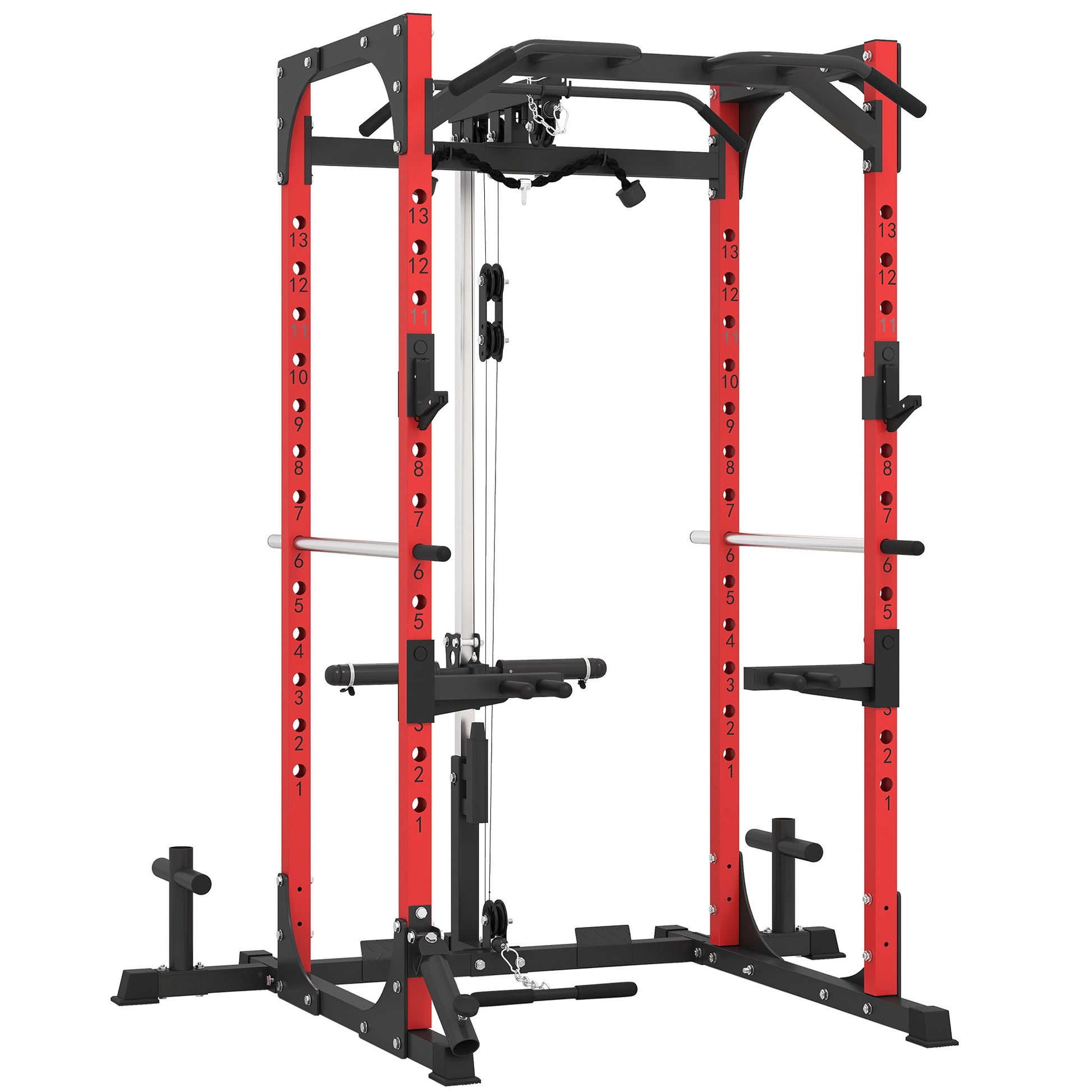 SPORTNOW Power Tower, Fitness Station with Cable Station, Barbell Support, Weights, and Pull-Up and Dip Bar, Multifunctional Gym in Steel, for Home Gym, 191x153x205 cm, Red and Black