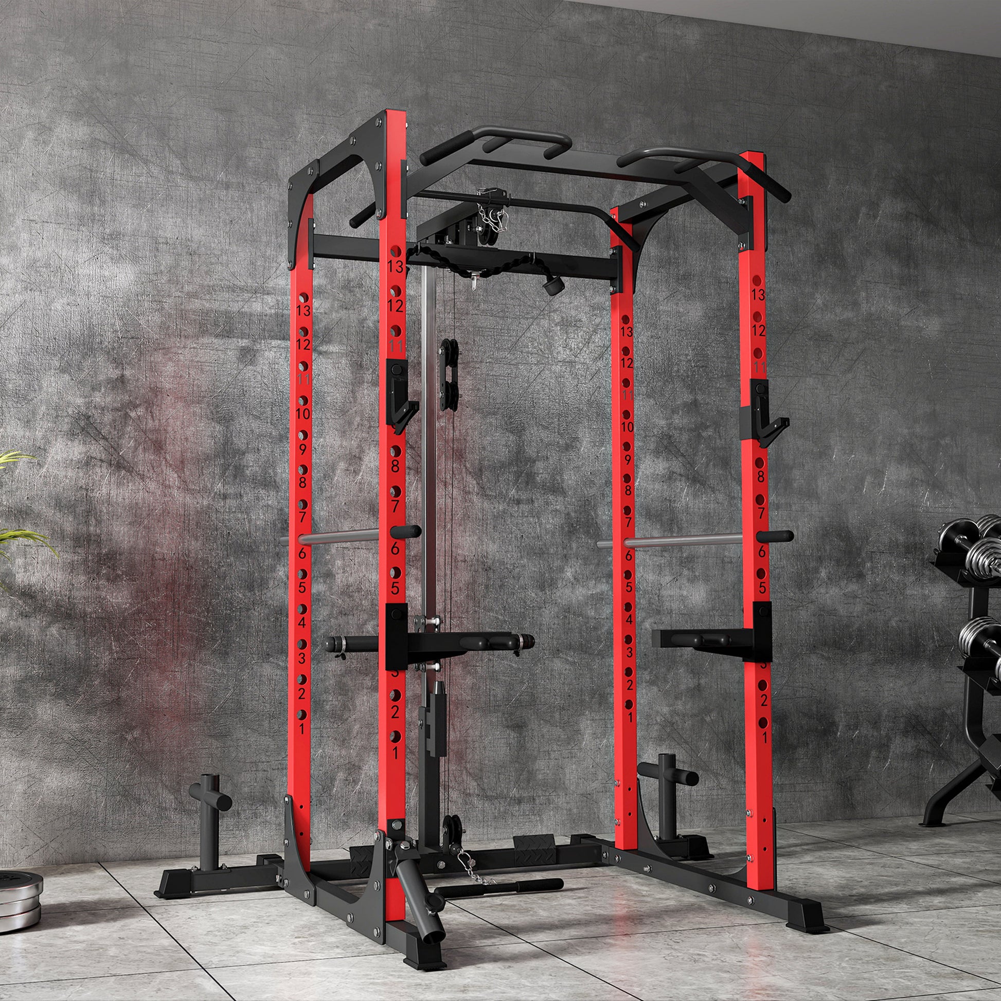SPORTNOW Power Tower, Fitness Station with Cable Station, Barbell Support, Weights, and Pull-Up and Dip Bar, Multifunctional Gym in Steel, for Home Gym, 191x153x205 cm, Red and Black
