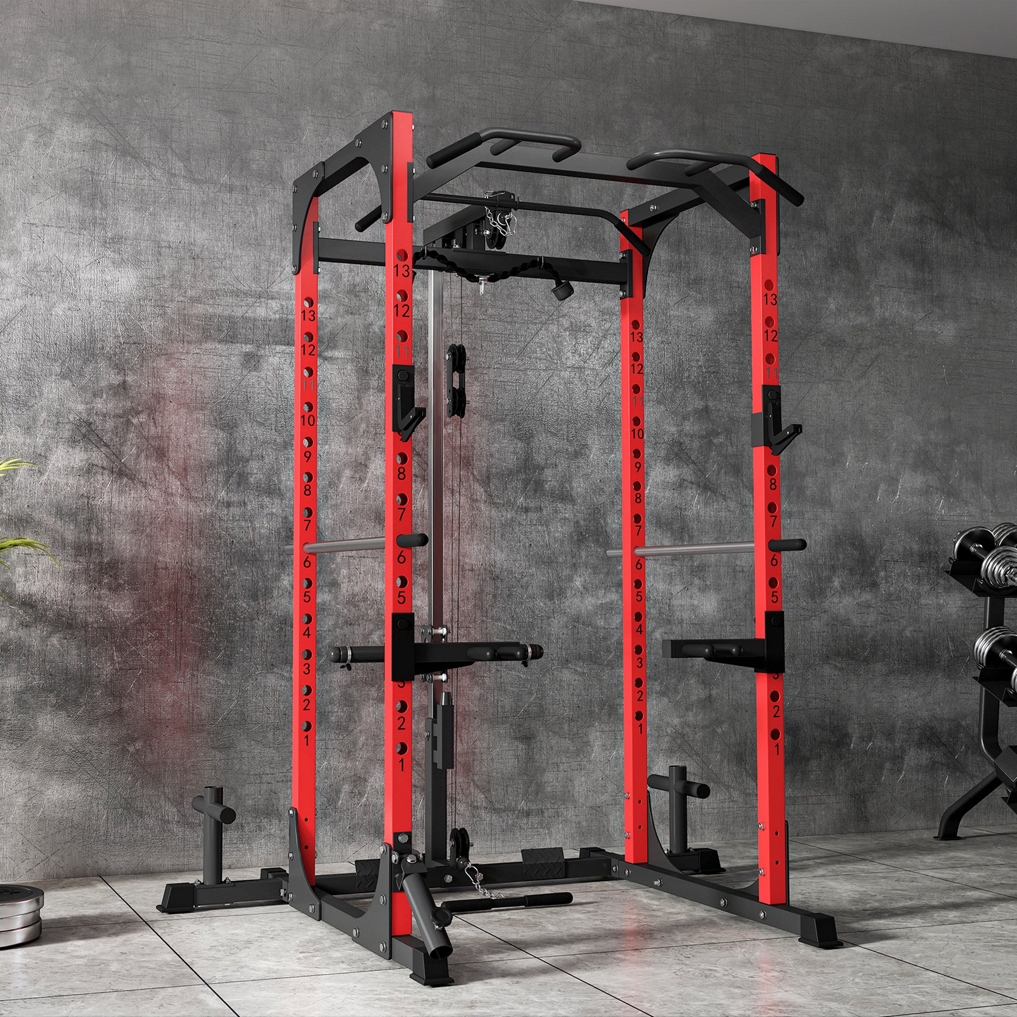 SPORTNOW Power Tower, Fitness Station with Cable Station, Barbell Support, Weights, and Pull-Up and Dip Bar, Multifunctional Gym in Steel, for Home Gym, 191x153x205 cm, Red and Black